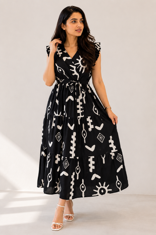 Women’s Black & White Printed Tiered Maxi Dress with V-Neck & Waist Tie