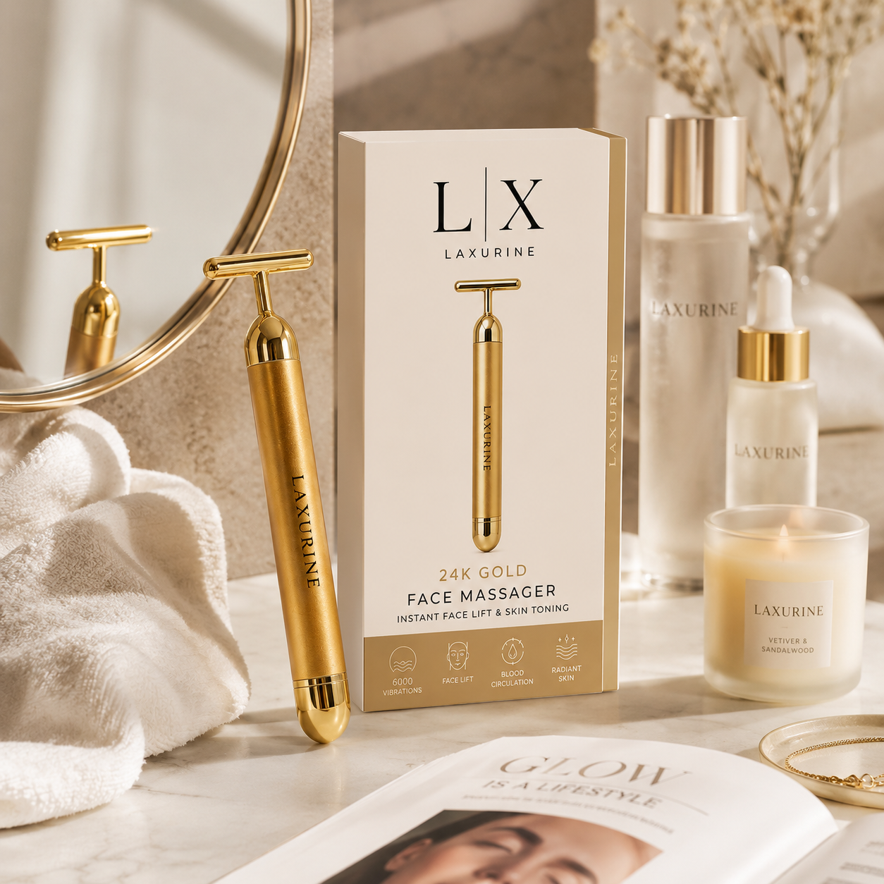 Laxurine 24K Gold Face Massager for Women & Men | Electric Facial Massager for Face Lifting, Skin Tightening, Lymphatic Drainage, Puffiness Reduction & Anti-Aging Skincare Tool