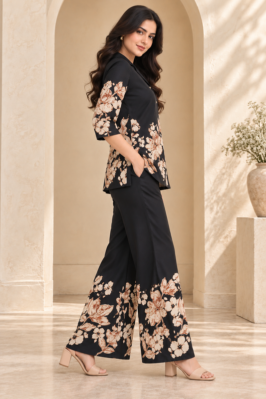 Women's Black Floral Printed Shirt and Wide-Leg Co-Ord Set