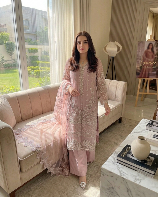 Laxurine Women's Blush Pink Heavy Embroidered Party Wear Suit Set with Net Dupatta