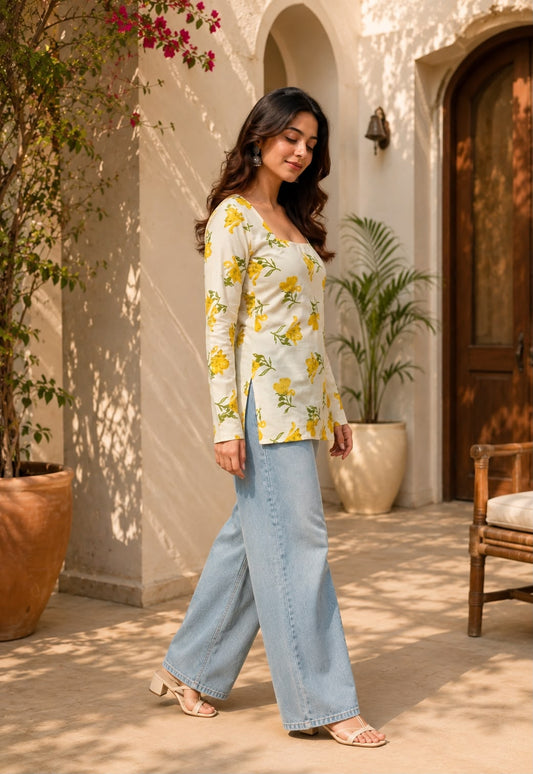 Women’s Yellow Floral Printed Square Neck Full Sleeve Top