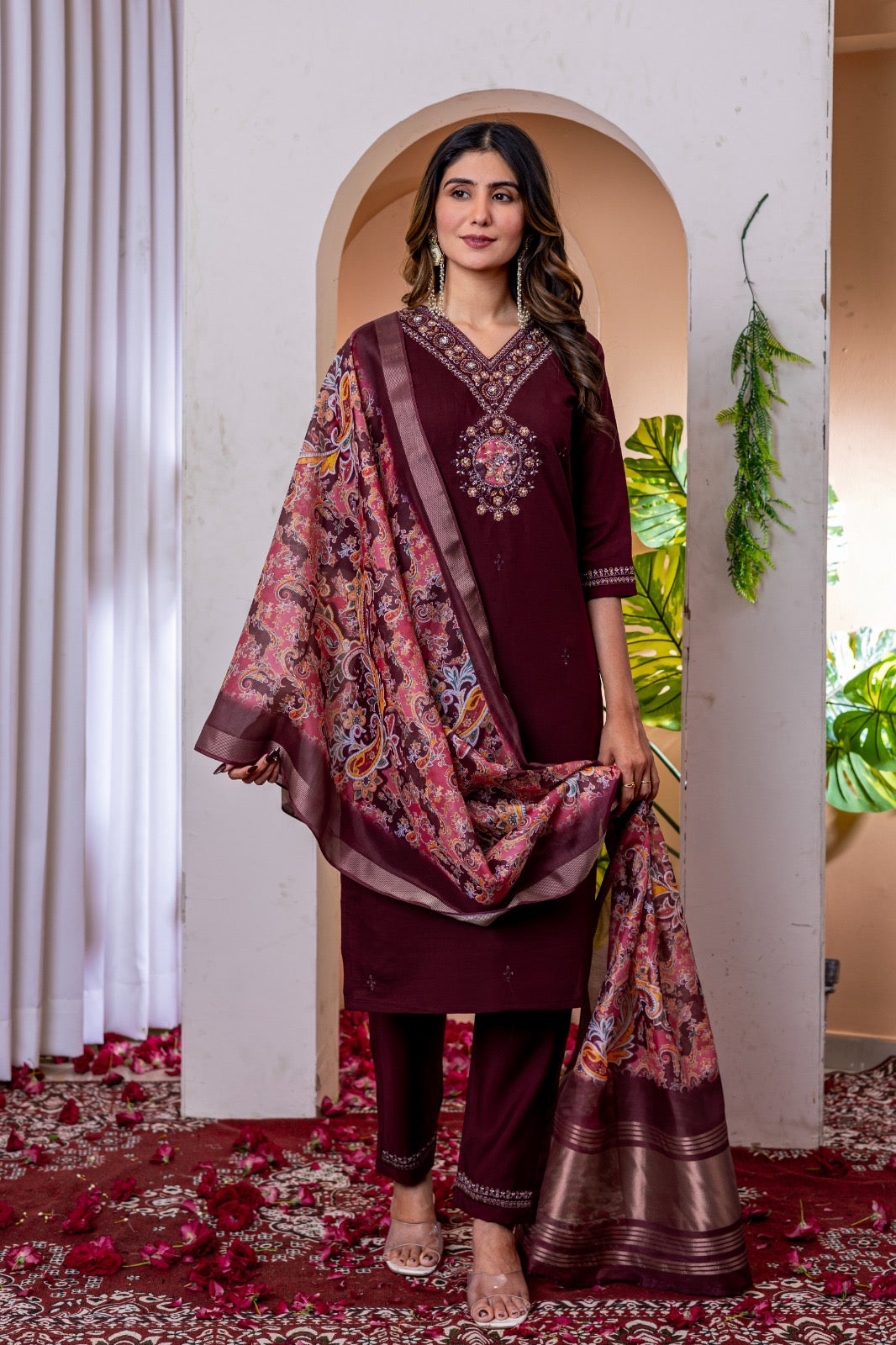 Laxurine Women's Brown Embroidered Kurta Pant Set with Printed Dupatta | Festive Ethnic Wear Suit Set