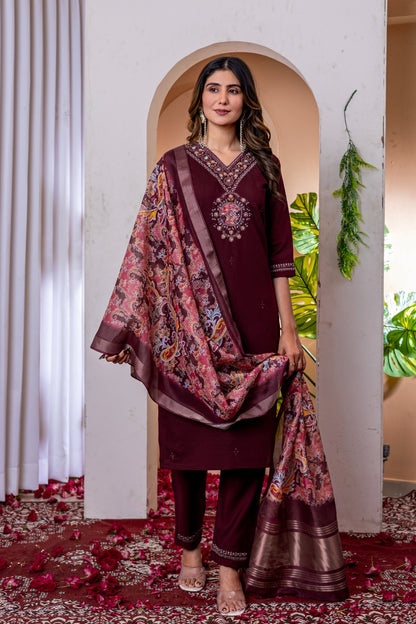 Laxurine Women's Brown Embroidered Kurta Pant Set with Printed Dupatta | Festive Ethnic Wear Suit Set