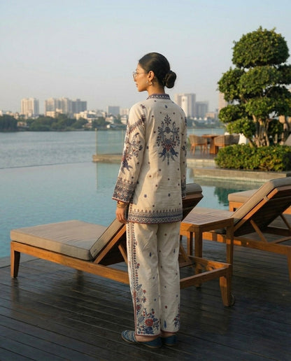 Laxurine Women's Ivory Floral Printed Kurta Pant Co-Ord Set | Premium Ethnic & Indo-Western Wear