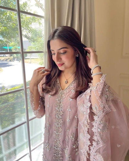 Laxurine Women's Blush Pink Heavy Embroidered Party Wear Suit Set with Net Dupatta