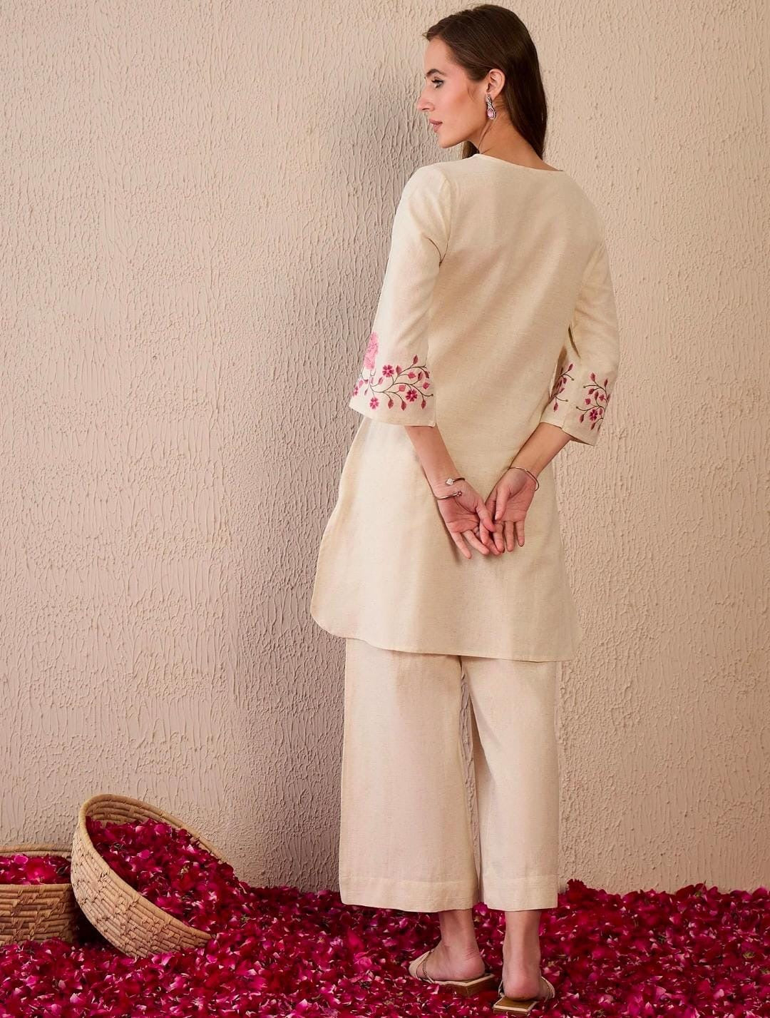 Laxurine Women's Beige Floral Embroidered Kurta Palazzo Co-Ord Set | Elegant Ethnic Wear for Women