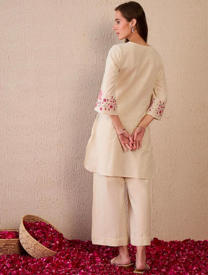 Laxurine Women's Beige Floral Embroidered Kurta Palazzo Co-Ord Set | Elegant Ethnic Wear for Women