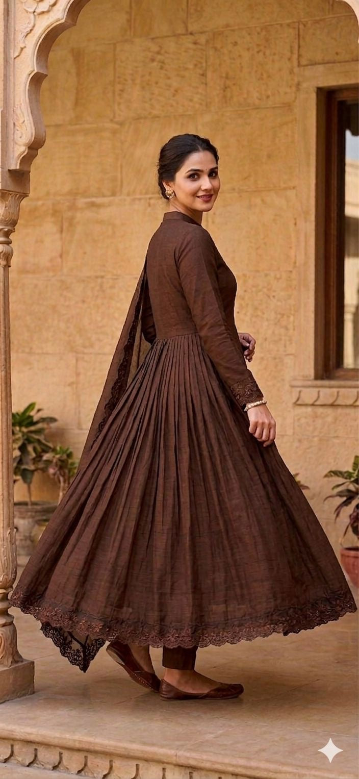 Laxurine Women's Chocolate Brown Anarkali Kurta Set with Dupatta | Elegant Festive & Wedding Wear Ethnic Ensemble