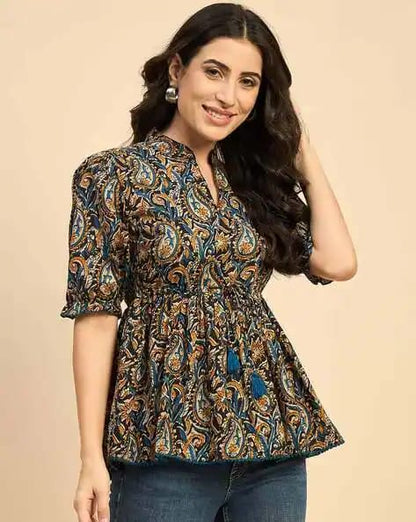 Laxurine Women’s Boho Paisley Peplum Top – Premium Flared Casual Luxe Wear
