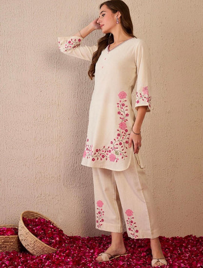 Laxurine Women's Beige Floral Embroidered Kurta Palazzo Co-Ord Set | Elegant Ethnic Wear for Women