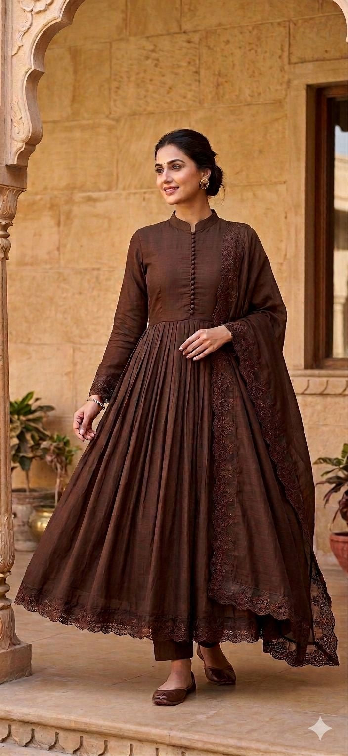 Laxurine Women's Chocolate Brown Anarkali Kurta Set with Dupatta | Elegant Festive & Wedding Wear Ethnic Ensemble