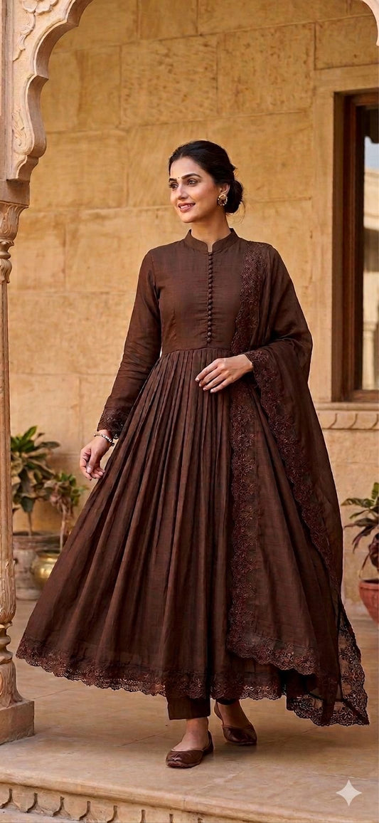 Laxurine Women's Chocolate Brown Anarkali Kurta Set with Dupatta | Elegant Festive & Wedding Wear Ethnic Ensemble