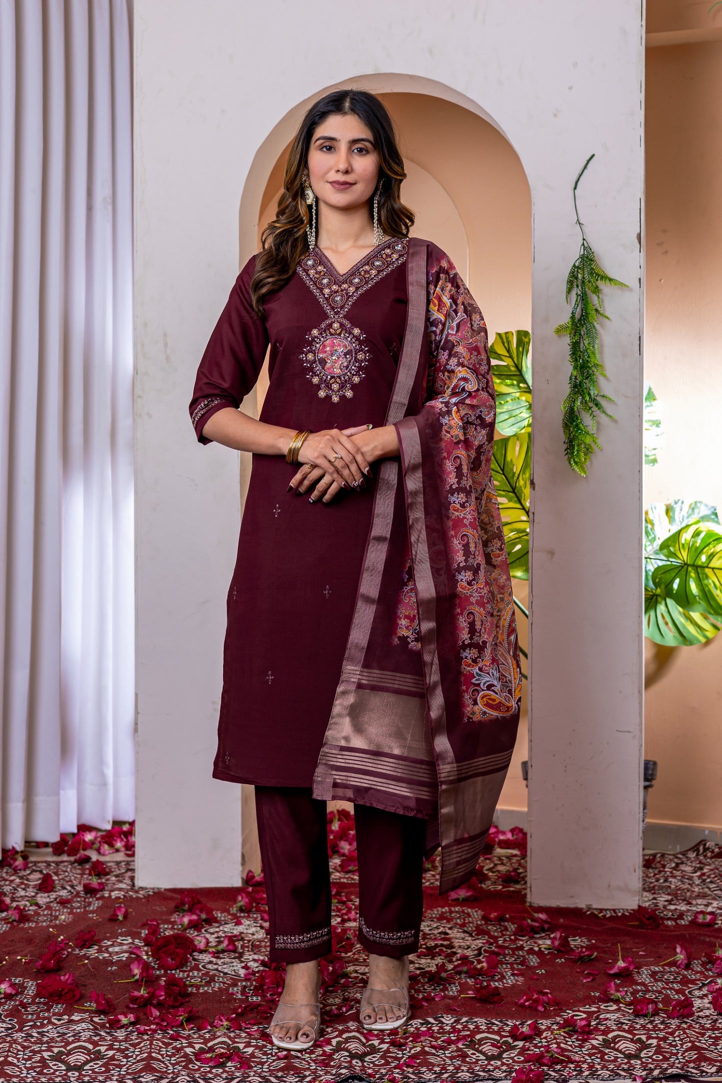 Laxurine Women's Brown Embroidered Kurta Pant Set with Printed Dupatta | Festive Ethnic Wear Suit Set