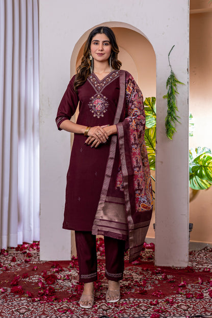 Laxurine Women's Brown Embroidered Kurta Pant Set with Printed Dupatta | Festive Ethnic Wear Suit Set