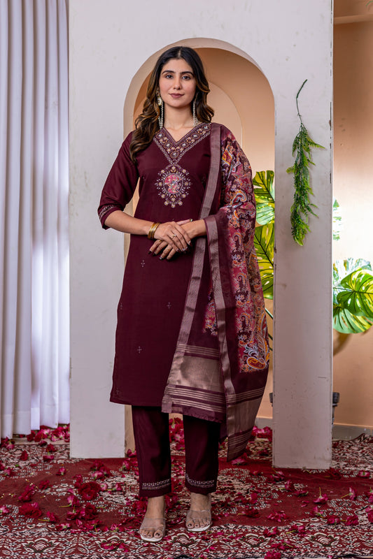 Laxurine Women's Brown Embroidered Kurta Pant Set with Printed Dupatta | Festive Ethnic Wear Suit Set