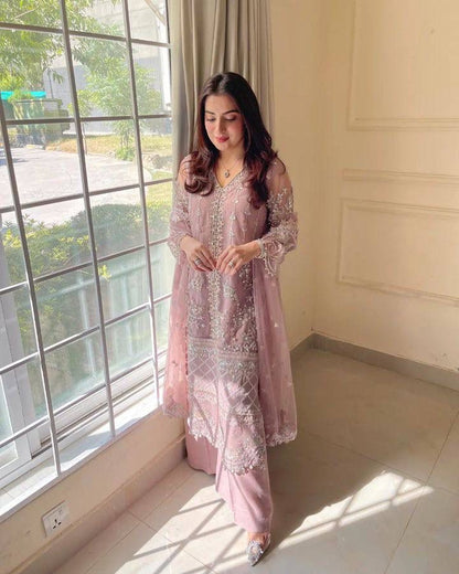 Laxurine Women's Blush Pink Heavy Embroidered Party Wear Suit Set with Net Dupatta