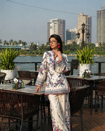 Laxurine Women's Ivory Floral Printed Kurta Pant Co-Ord Set | Premium Ethnic & Indo-Western Wear