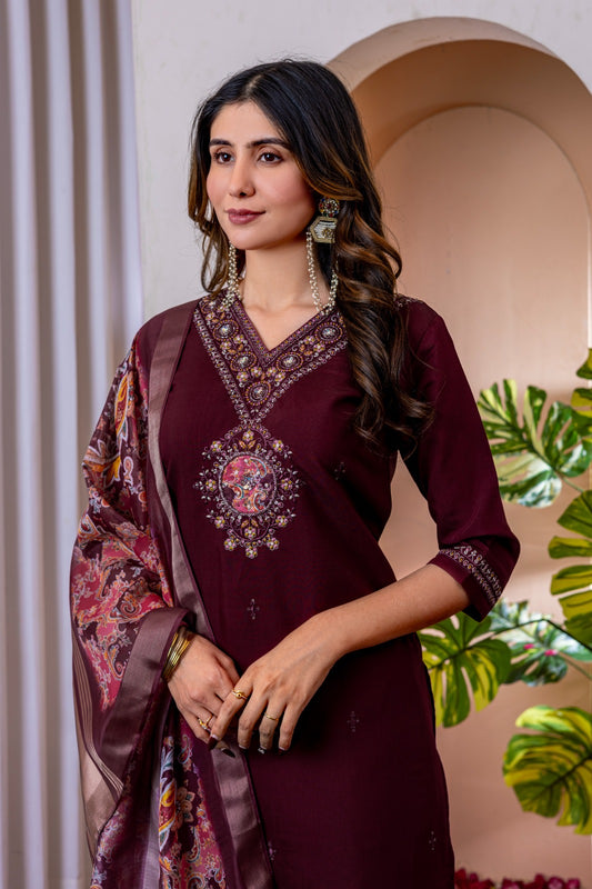 Laxurine Women's Brown Embroidered Kurta Pant Set with Printed Dupatta | Festive Ethnic Wear Suit Set