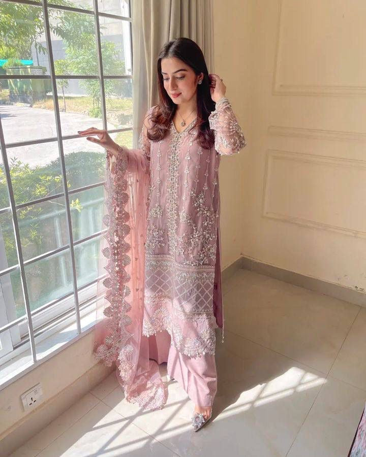 Laxurine Women's Blush Pink Heavy Embroidered Party Wear Suit Set with Net Dupatta