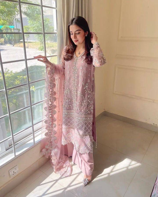 Laxurine Women's Blush Pink Heavy Embroidered Party Wear Suit Set with Net Dupatta