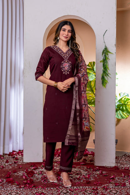 Laxurine Women's Brown Embroidered Kurta Pant Set with Printed Dupatta | Festive Ethnic Wear Suit Set