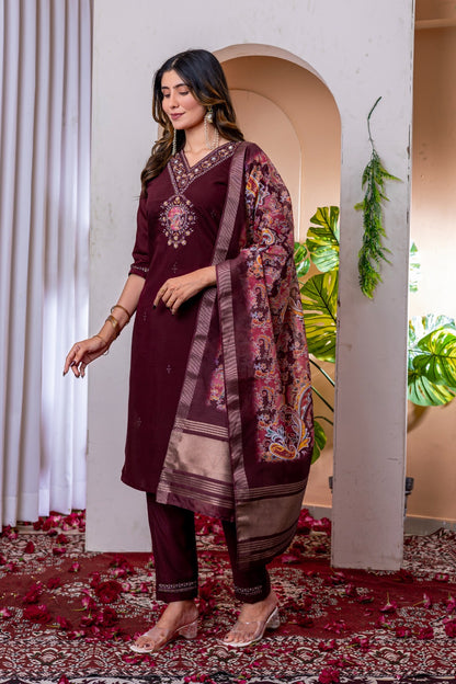 Laxurine Women's Brown Embroidered Kurta Pant Set with Printed Dupatta | Festive Ethnic Wear Suit Set
