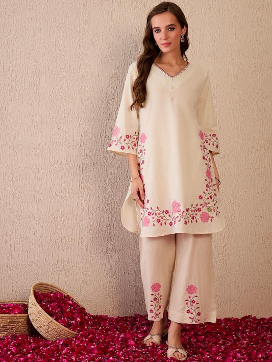 Laxurine Women's Beige Floral Embroidered Kurta Palazzo Co-Ord Set | Elegant Ethnic Wear for Women