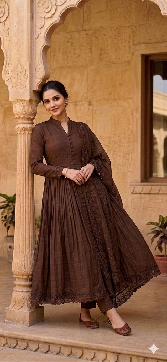 Laxurine Women's Chocolate Brown Anarkali Kurta Set with Dupatta | Elegant Festive & Wedding Wear Ethnic Ensemble