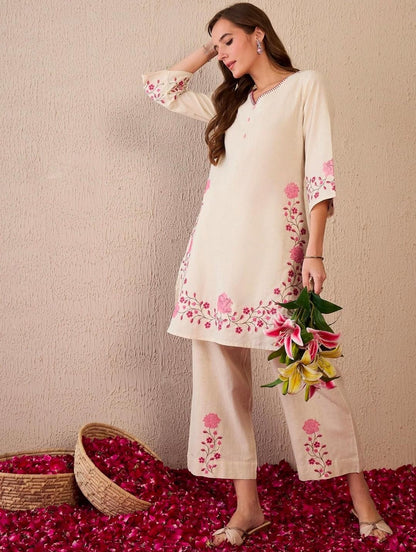 Laxurine Women's Beige Floral Embroidered Kurta Palazzo Co-Ord Set | Elegant Ethnic Wear for Women