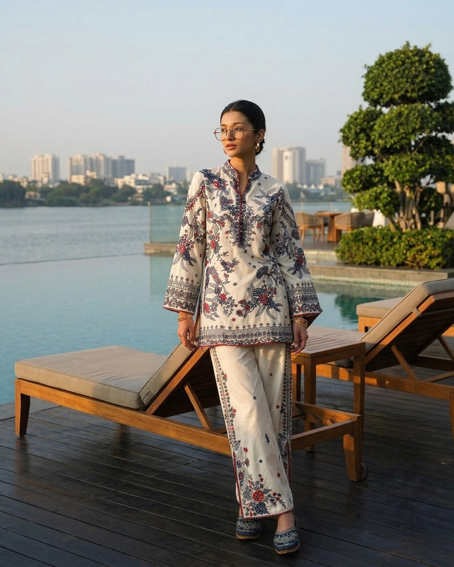 Laxurine Women's Ivory Floral Printed Kurta Pant Co-Ord Set | Premium Ethnic & Indo-Western Wear