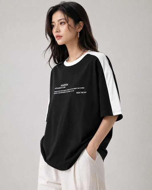 Laxurine Hearten Contrast Oversized T-Shirt – Black