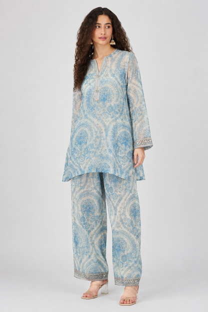 Laxurine Blue Paisley Printed Kurta Co-Ord Set