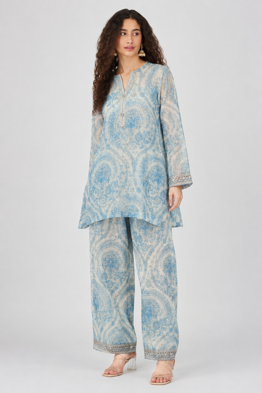 Laxurine Blue Paisley Printed Kurta Co-Ord Set