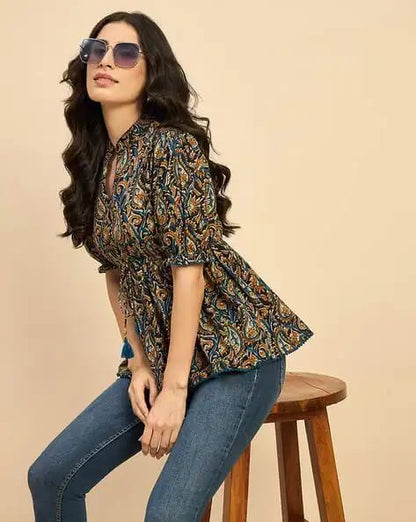 Laxurine Women’s Boho Paisley Peplum Top – Premium Flared Casual Luxe Wear