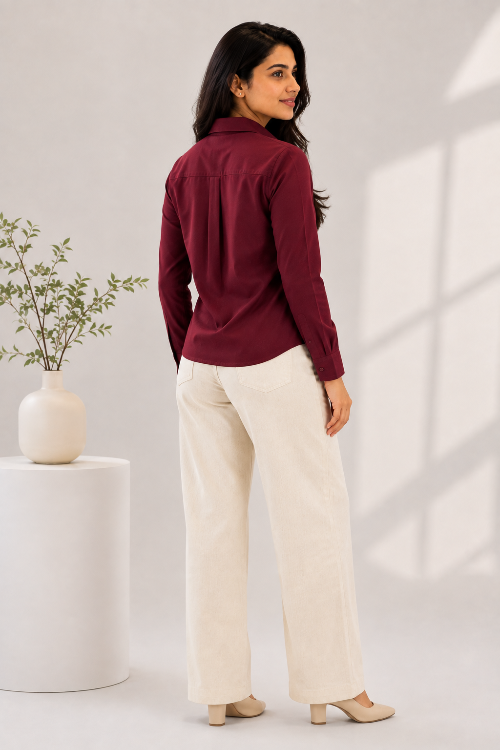 Women Burgundy Shirt & Cream Wide Leg Pants Co-Ord Set