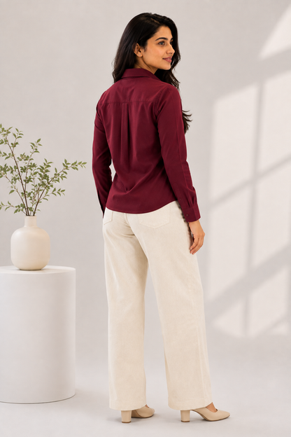 Women Burgundy Shirt & Cream Wide Leg Pants Co-Ord Set