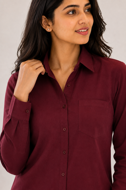 Women Burgundy Shirt & Cream Wide Leg Pants Co-Ord Set