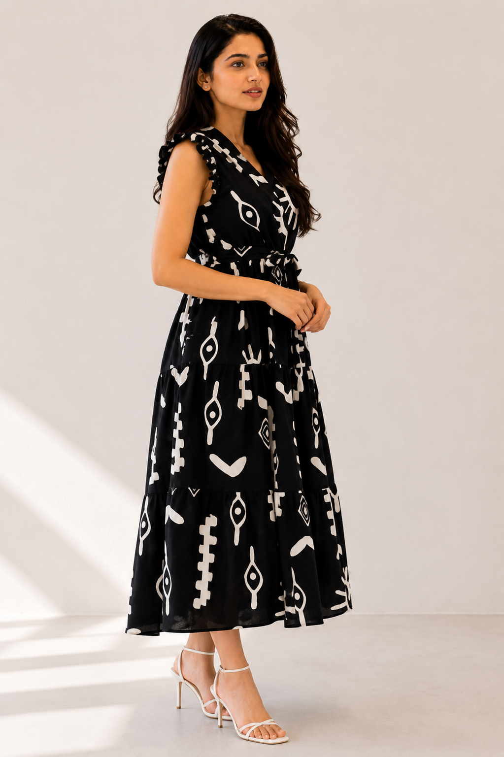 Women’s Black & White Printed Tiered Maxi Dress with V-Neck & Waist Tie