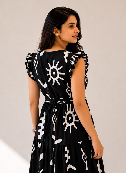Women’s Black & White Printed Tiered Maxi Dress with V-Neck & Waist Tie