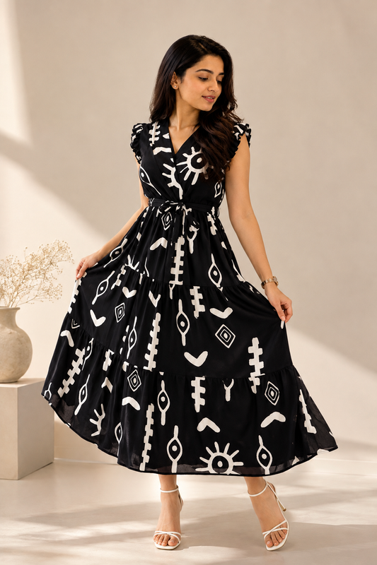 Women’s Black & White Printed Tiered Maxi Dress with V-Neck & Waist Tie