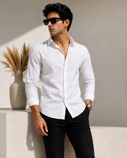 Laxurine White Solid Cotton Shirt for Men – Regular Fit