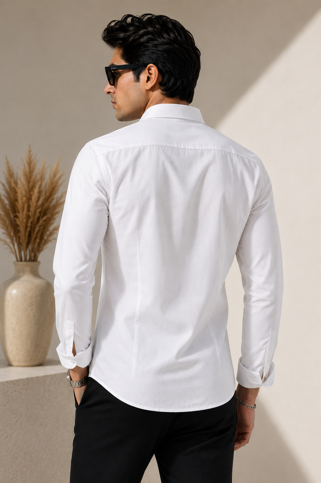Back view of Laxurine white solid cotton shirt for men