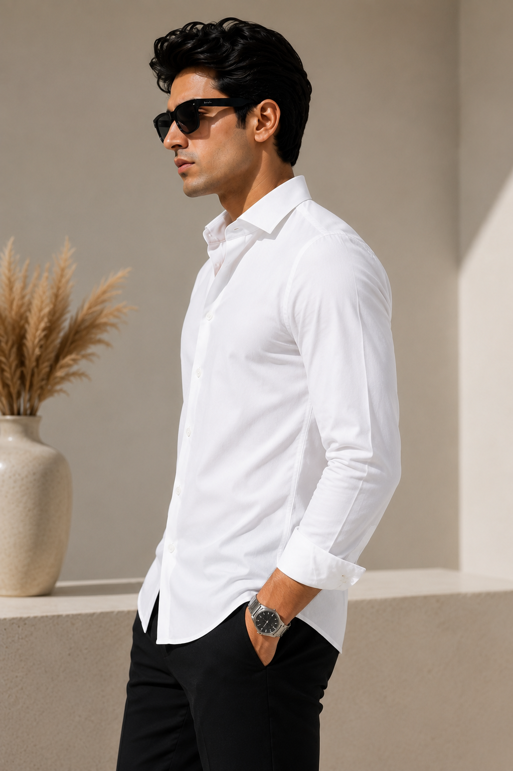 Laxurine men's white cotton shirt side angle regular fit