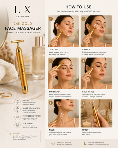 Laxurine 24K Gold Face Massager for Women & Men | Electric Facial Massager for Face Lifting, Skin Tightening, Lymphatic Drainage, Puffiness Reduction & Anti-Aging Skincare Tool