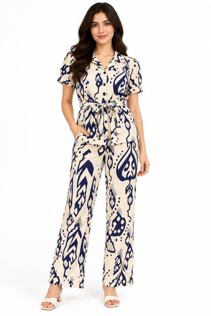 Women's Beige and Navy Blue Abstract Printed Shirt Co-Ord Set