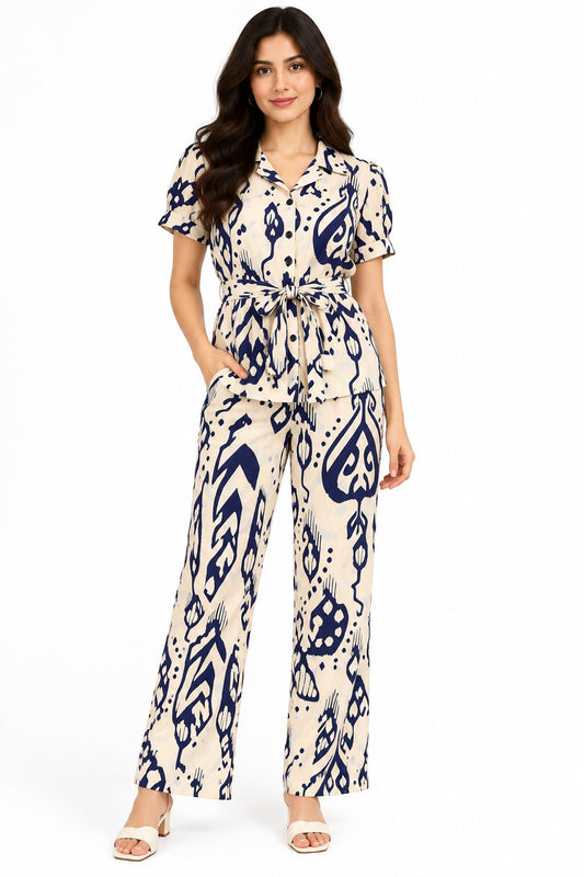 Women's Beige and Navy Blue Abstract Printed Shirt Co-Ord Set