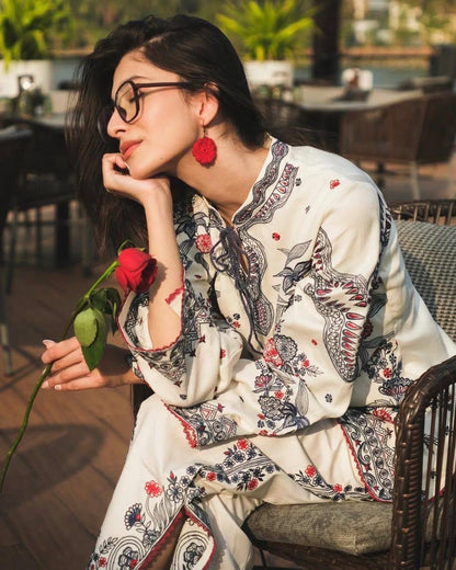 Laxurine Women's Ivory Floral Printed Kurta Pant Co-Ord Set | Premium Ethnic & Indo-Western Wear