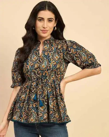 Laxurine Women’s Boho Paisley Peplum Top – Premium Flared Casual Luxe Wear