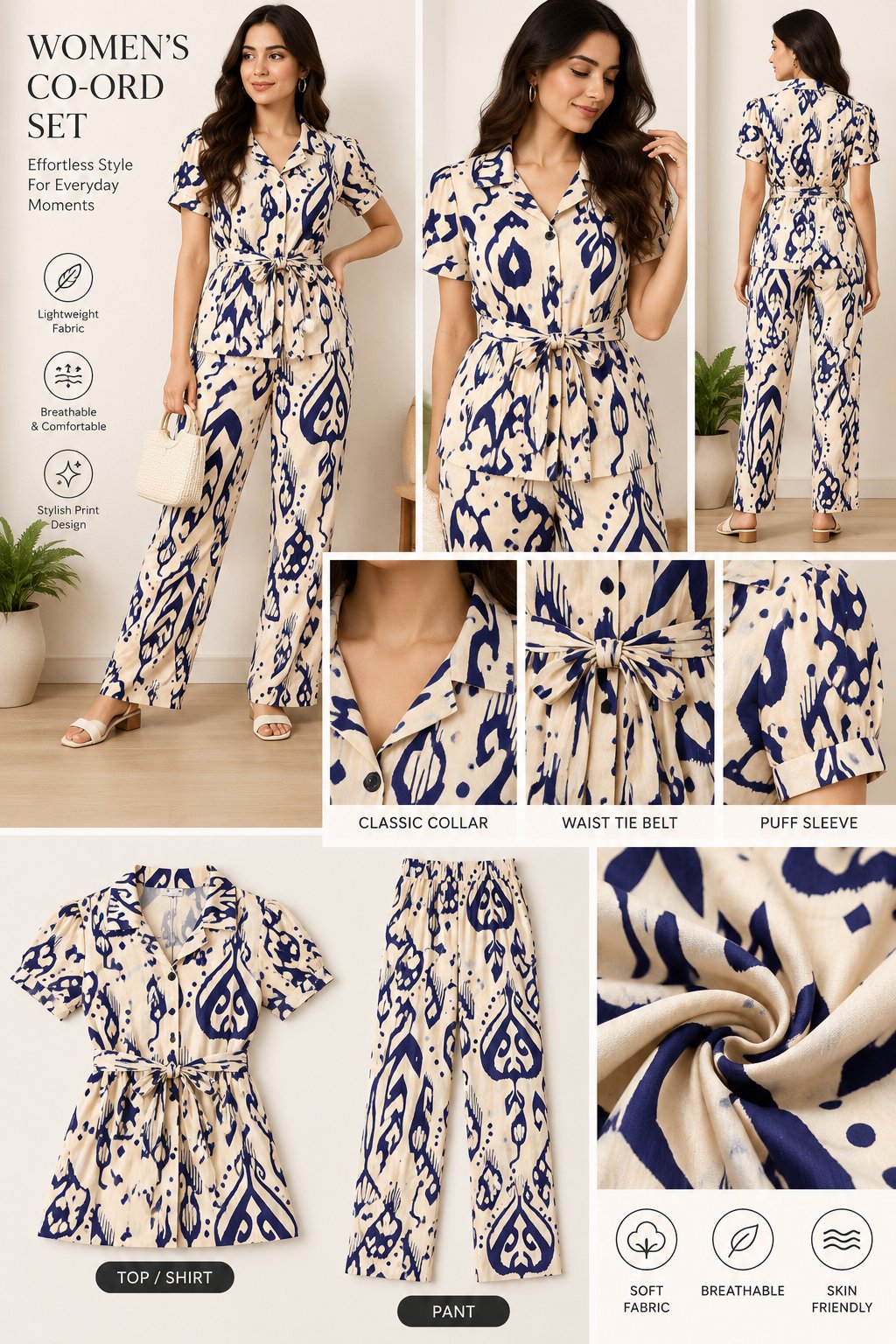 Women's Beige and Navy Blue Abstract Printed Shirt Co-Ord Set