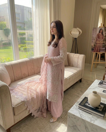 Laxurine Women's Blush Pink Heavy Embroidered Party Wear Suit Set with Net Dupatta